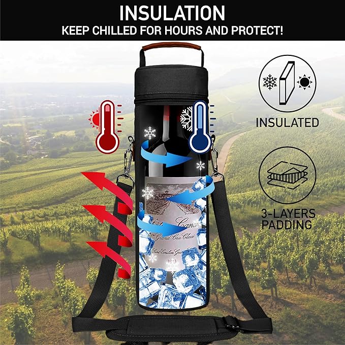 opux Wine Bag Single Bottle Carrier Tote, Insulated Wine Cooler Bag for Travel Picnic Beach with Shoulder Strap, Thermal One Bottle Holder Carrying Case Wine Gift for Women Men, Black