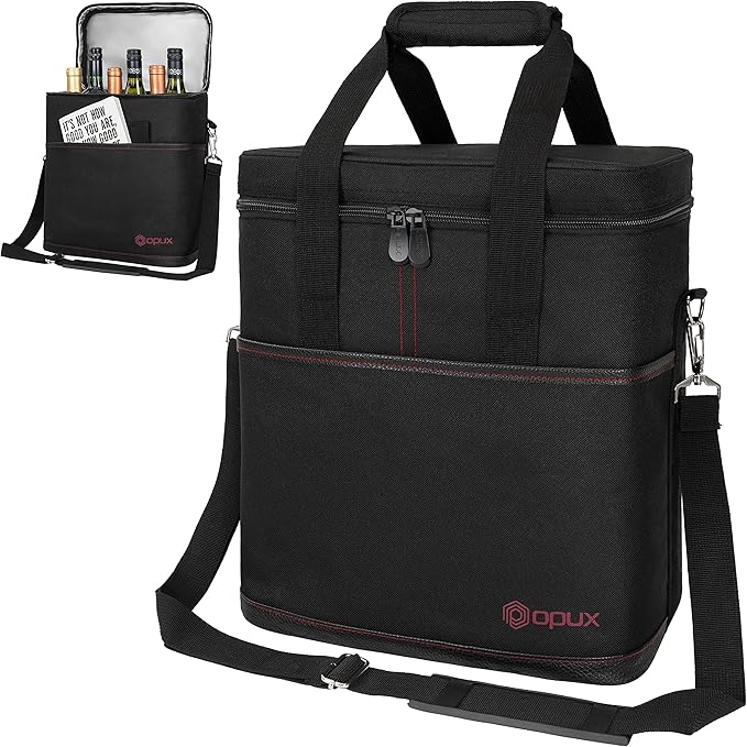 opux 6 Bottle Carrier Tote | Insulated Padded Wine Cooler Bag for Travel. Picnic, BYOB | Portable Leakproof Wine Tote Bag for Dinner, Party, Christmas, Wine Gift for Women, Men (Black)