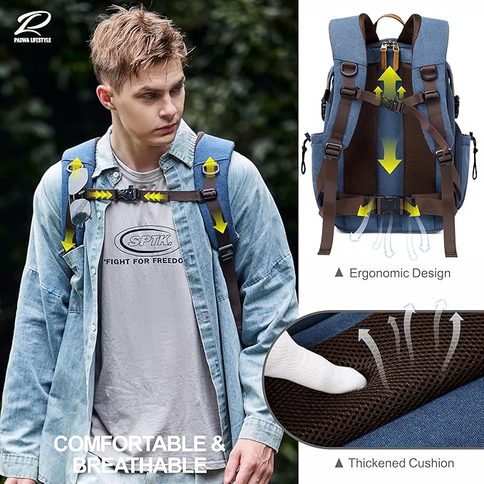 Padwa Lifestyle Blue Camera Backpack - Professional DSLR & UAV Camera Bag,Anti Theft Canvas Camera Backpack with Rain Cover,Large Capacity Photography Travel Camera Bag with Multi Compartments