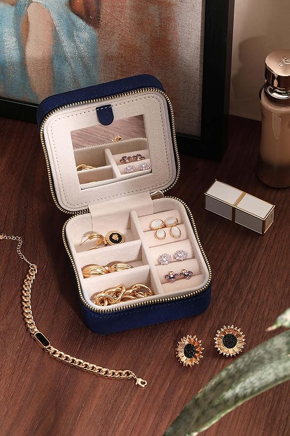 S.Leaf Travel Jewelry Organizer Travel Jewelry Boxes for Women Small Jewelry Travel Case Box Portable Travel Jewelry Case Travel Case Mini Jewelry (06_Suede_Touch_Navy)