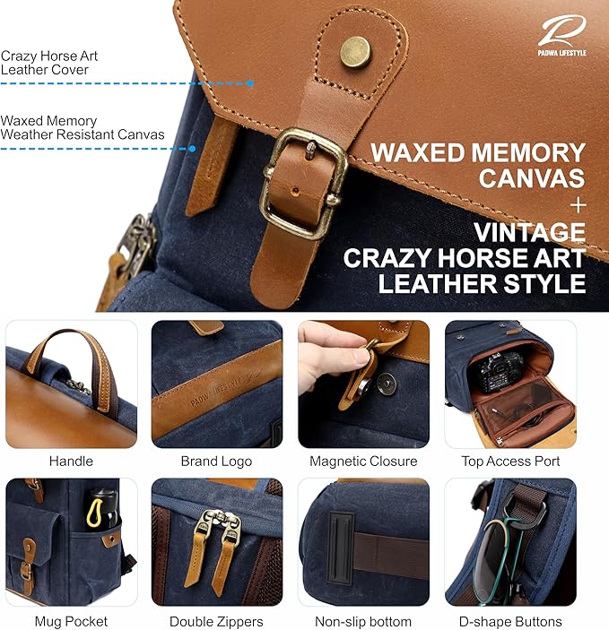 Padwa Lifestyle Blue Camera Backpack - Waxed Memory Weather Resistant Canvas Large Camera Bag,Multifunctional Dslr Camera Backpacks with Multi Cameras,Lens & 16” Laptop Compartment for Photographers