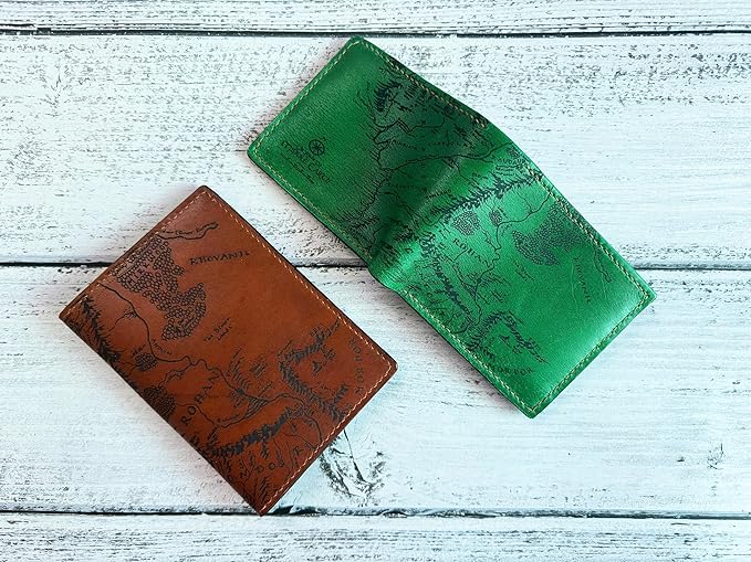 Handmade Leather Passport Wallet with Ancient Map Design, 4 Pockets, Genuine Brown Leather - 1LE
