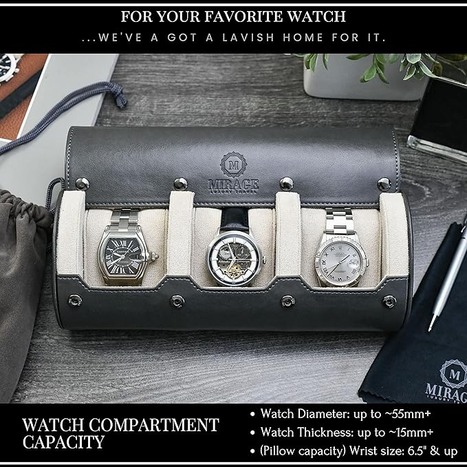 Watch Travel Case for Men - Mirage Watch Roll Storage and Display 3 slots - Slate Grey/Ivory White Interior Vegan Leather