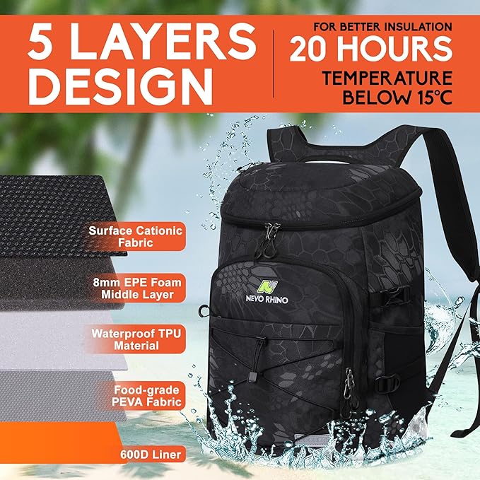 N NEVO RHINO Backpack Coolers Insulated Leak Proof 36/54 Cans,Portable Lightweight Waterproof Insulated Cooler Backpack for Men & Women Ideal for Camping,Travel,Beach,Picnics,Lunch & Day Trips