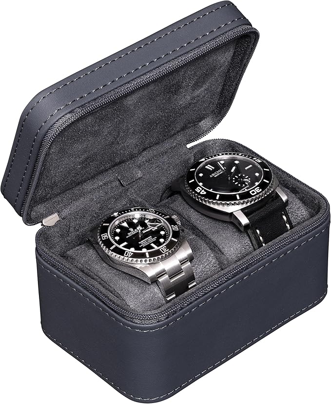 ROTHWELL 2 Watch Travel Case for Men | Compact PU Leather Protective Box with Microsuede Interior | Fits Watches & Smartwatches Up to 55mm (Carbon)