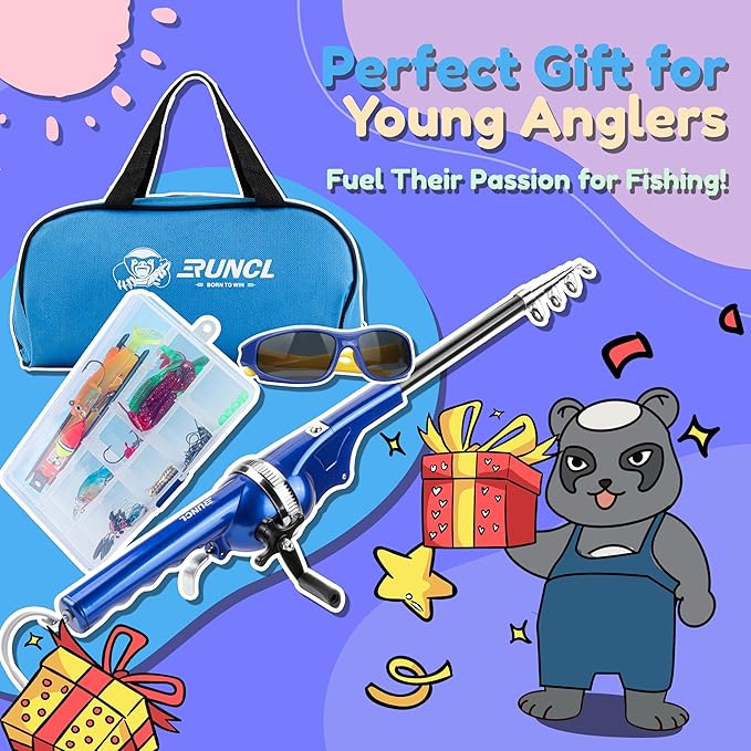 RUNCL Kids Fishing Pole - Portable Folding Fishing Rod and Reel Combo Kit with Spincast Fishing Reel, Kids Sunglasses, Tackle Box, Travel Bag, Gift for Youth