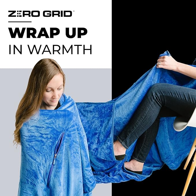 Lightweight Travel Blanket - Premium & Compact Airplane Wearable Blanket with Neck Snaps, Cozy Foot Pockets, Zipper Pouch - Converts into Soft Pillow - Designed for Ultimate Comfort - Royal Blue