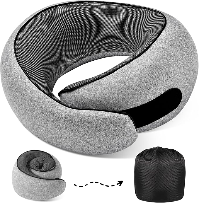 Travel Neck Pillows, 100% Memory Foam Filling, Travel Pillows for Airplanes, Compact and Ergonomic Design, Best for Sleeping Plane Train Travel Essentials (Light Grey)