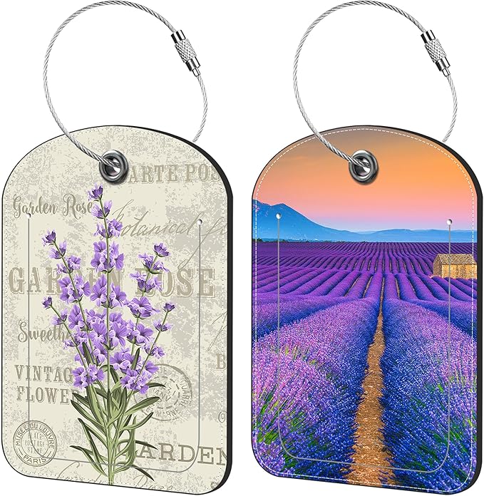 Purple Lavender Luggage Tag for Suitcase Set of 2 PU Leather Cute Luggage Tags with Stainless Metal Loop ID Label Privacy Flap Suitcase Tags for Women and Men Travel