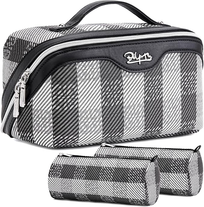 BOYATU Makeup Bag Travel Cosmetic Bag: 3 Pcs Set Portable Make up Bags for Women with Handle - Waterproof Vegan Leather Toiletry Organizer Bags with Comparments (F-01-Black)