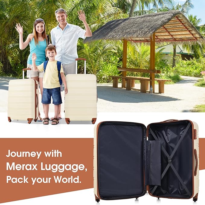 Merax Luggage Sets Carry on Suitcase Airline Approved,Hard Case Expandable Spinner Wheels, White and Brown, 3-Piece Set (20+28IN+Bag)