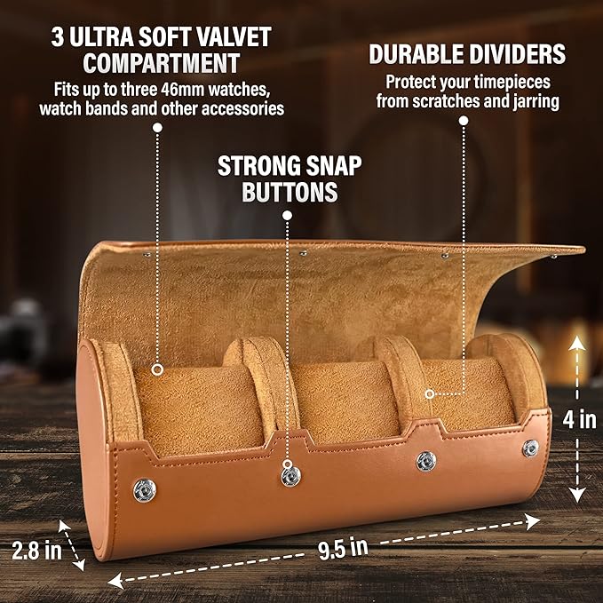 Barton Leather Watch Roll for 3 Watches | Convenient Organizer Case for Travel & Storage | Fits Classic & Smart Watches (Up to 46mm) | Compact, Durable, Lightweight, Stylish - Brown