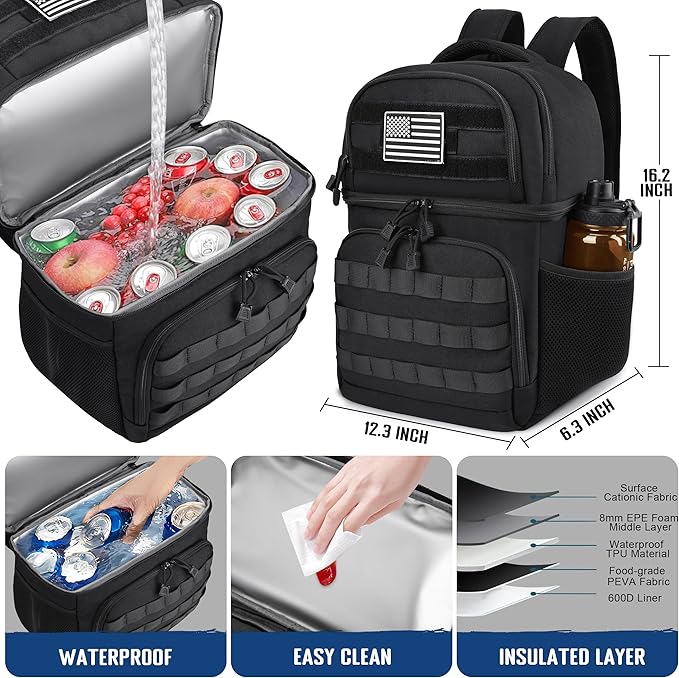 MOZETO Lunch Backpack for Men, Tactical Inspired Double Deck Cooler Backpack Insulated Leakproof RFID Lunchbox for Work