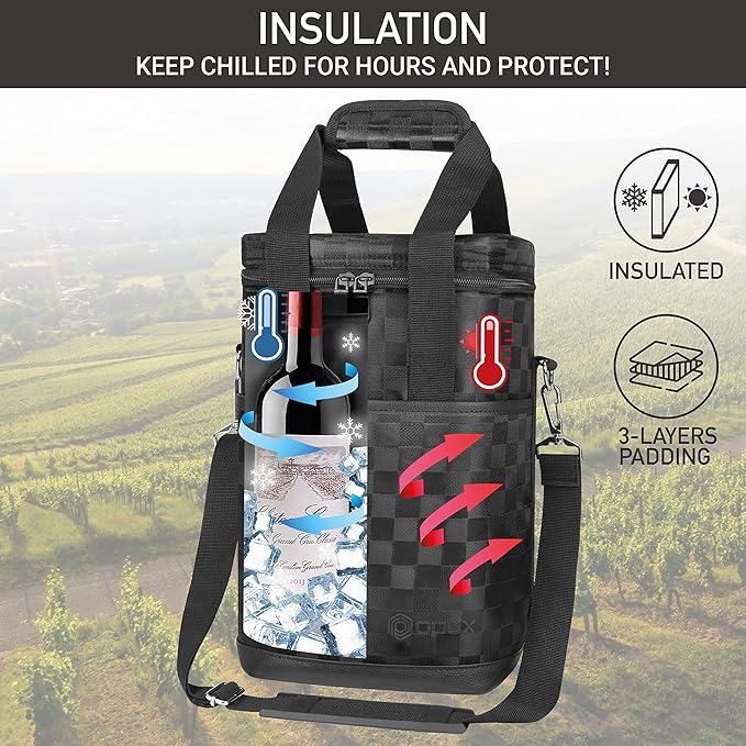 Opux 4 Bottle Insulated Wine Cooler Bag - Leakproof Padded Portable Wine Bottle Carrier for Travel Picnic, BYOB Gift (Black Square)