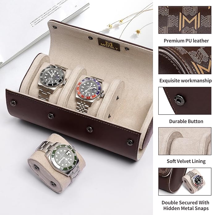 MOZSLY Watch Roll Travel Case 3 Slots Portable Watches Box Organizer Storage Holder Pattern PU Leather