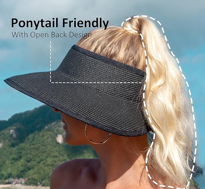 Joywant Womens Sun Visor Hats, Packable Wide Brim Ponytail Beach Hat Straw Visor Summer Beach Vacation Essentials for Womens