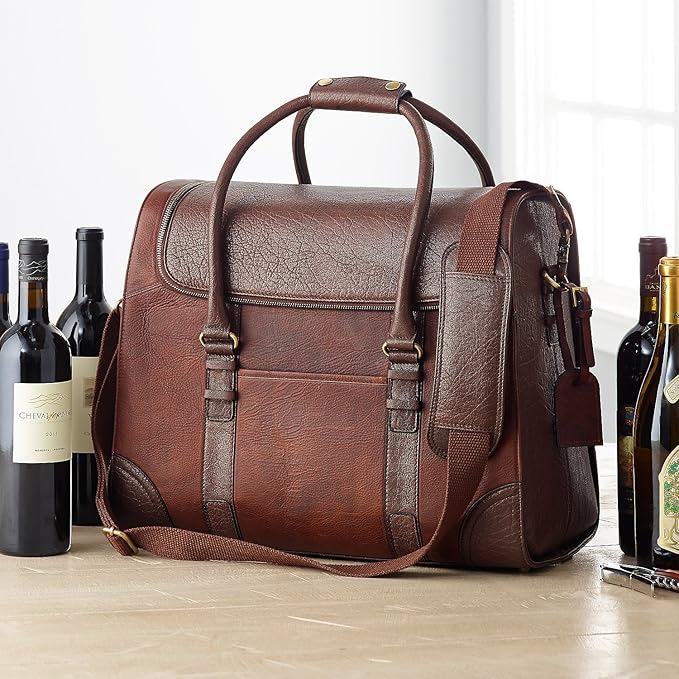Wine Enthusiast 6-Bottle Leather Wine Tote Bag | Handcrafted Leather Wine Carrier with Dividers | Secure Buckle & Zipper Closure | Portable Wine Cooler Bag for Picnics, Travel & Parties | Wine Gifts