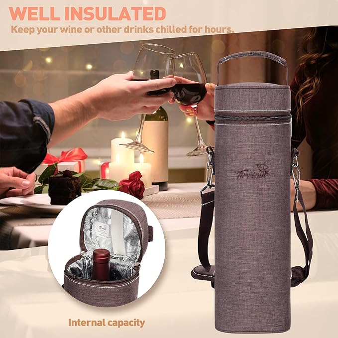 Tirrinia Single Bottle Wine Gift Carrier Bag, Insulated Travel Wine Cooler Tote with Shoulder Strap for Picnic, Party, BYOB Restaurant, Portable One Bottle Wine Chiller Container, Gift for Wine Lovers