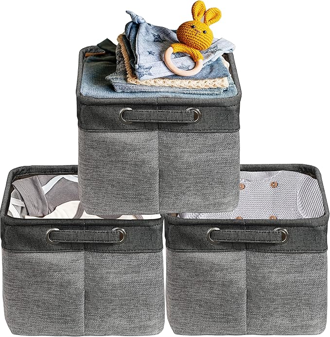 Simple Houseware 14.4" x 10" Fabric Storage Bin with Handles, 3-Pack, Foldable Organizer for Closet and Shelf, Dark Gray