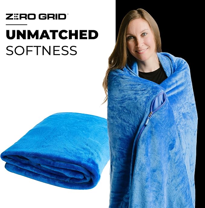 Lightweight Travel Blanket - Premium & Compact Airplane Wearable Blanket with Neck Snaps, Cozy Foot Pockets, Zipper Pouch - Converts into Soft Pillow - Designed for Ultimate Comfort - Royal Blue