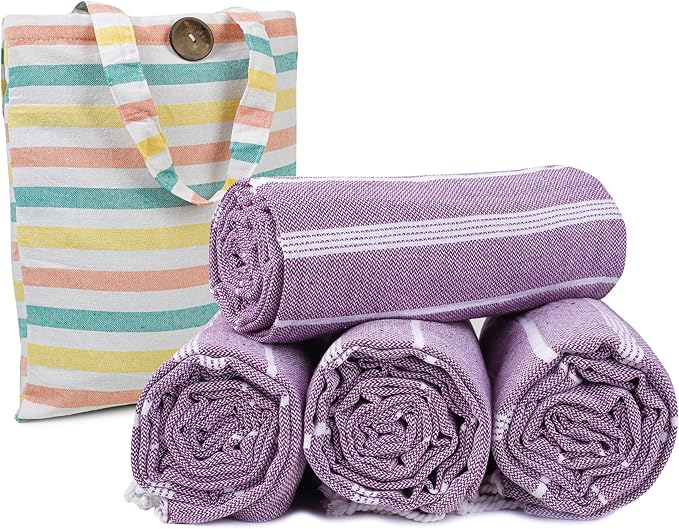 HILLFAIR Cotton Turkish Beach Towels, Quick Dry Lightweight Sand Free Peshtemal Towel for Bath Swim Yoga Spa Travel, Beach Accessories, Oversized Cotton Turkish Towels (39 x 72 inch- 4 Pack Purple)
