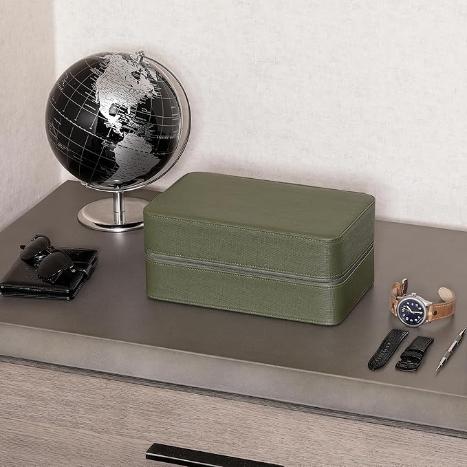 ROTHWELL 8 Watch Travel Case Storage Organizer for 8 Watches, Sunglasses, Rings & Cufflinks |Tough Portable Protection with Zipper Fits Most Wristwatches & Smart Watches Up to 50mm (Green/Tan)