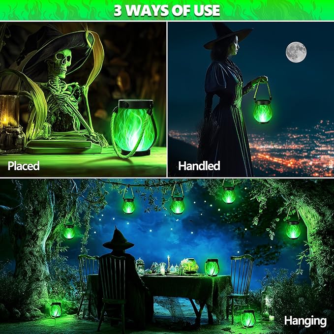 Halloween Solar Flame Lantern Hanging Outdoor Waterproof Purple - 2 Pack Flame Lanterns with Dual Charging Modes of Solar & USB for Garden or Yard Halloween Decorations (Green - 2 Pack)