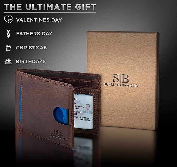 SERMAN BRANDS RFID Blocking Slim Bifold Genuine Leather Thin Minimalist Front Pocket Wallets for Men Billfold Wallet Men Gift
