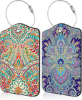 2 Pack Luggage Tags Paisley Pattern and Ethnic Style Floral PU Leather Baggage Tag with Privacy Cover Stainless Steel Loop and Name ID Card for Men Women Travel Bag Luggage Accessories