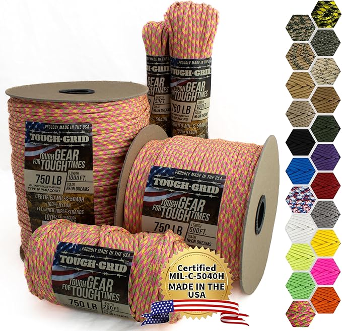 TOUGH-GRID 750 Paracord Rope Nylon Parachute Cord, Made in USA Survival Kit, Outdoor Adventures, Camping, Tactical Gear & Emergency Supplies, Military Type IV Mil-Spec