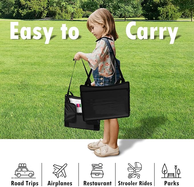 Kids Travel Tray for Toddler Car Seat, Lap Tray for Girl Activities with Dry Erase Board & Cooler Cup Holder, Road Trip Essentials Accessories with No-Drop Large Tablet iPad Holder Stand,2Pc Black