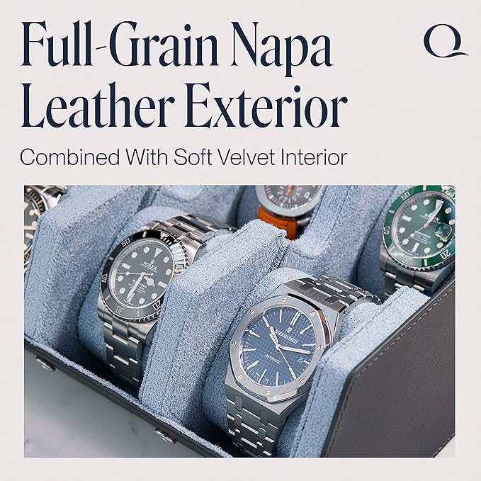 Napa Leather Watch Case for Men - Watch Roll Storage Organizer & Watch Display - Six Slot Luxury Watch Box for Home or Travel - Mens 6 Watch Holder Case (Gray Blue)