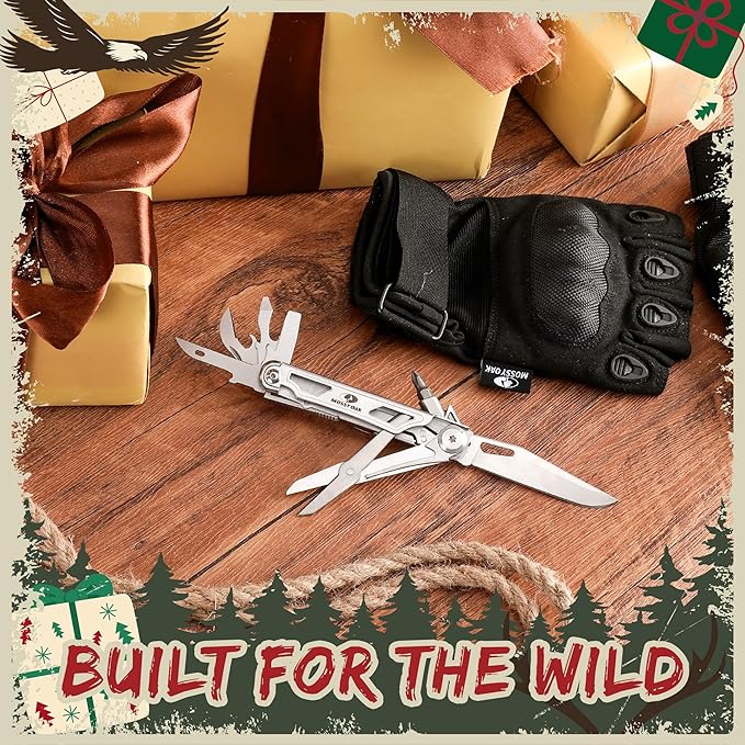 Mossy Oak 12-in-1 Multitool Pocket Knife with Pouch, Stainless Steel Multitool Knife with Clip, Survival Tools with Scissors, Bottle Opener, Wire Stripper, Glass Breaker, Screwdriver