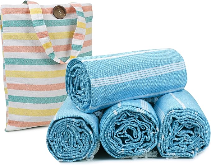 HILLFAIR Cotton Turkish Beach Towels, Quick Dry Lightweight Sand Free Peshtemal Towel for Bath Swim Yoga Pool Travel, Beach Accessories, Oversized Cotton Turkish Towels (39 x 72 inch- 4 Pack Sky)