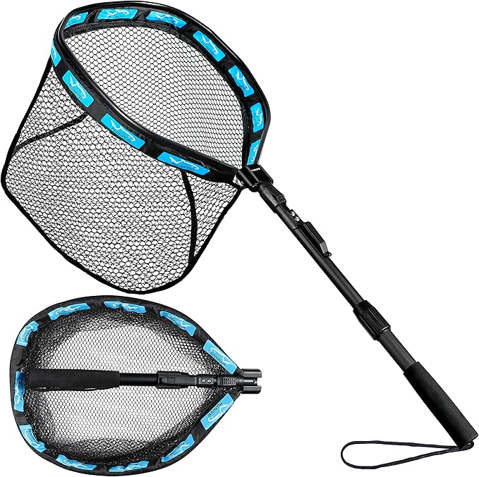 PLUSINNO Floating Fishing Net for Steelhead, Salmon, Fly, Kayak, Bass, Trout Fishing, Catfish, Rubber Coated Landing Net for Easy Catch & Release for Easy Transportation & Storage