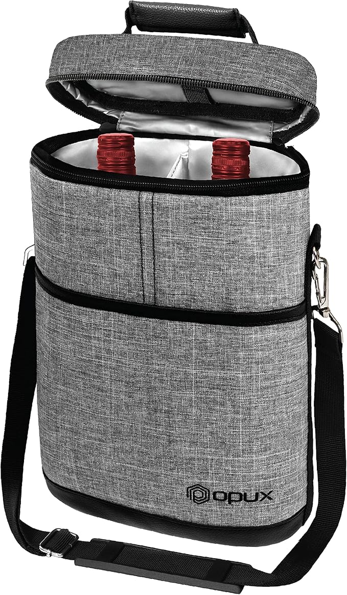 opux 2 Bottle Wine Carrier Tote, Insulated Leakproof Wine Cooler Bag, Wine Travel Bag for Picnic BYOB Beach, Portable Wine Bottle Carrying Case, Gift for Wine Lover Women Men Christmas, Heather Grey
