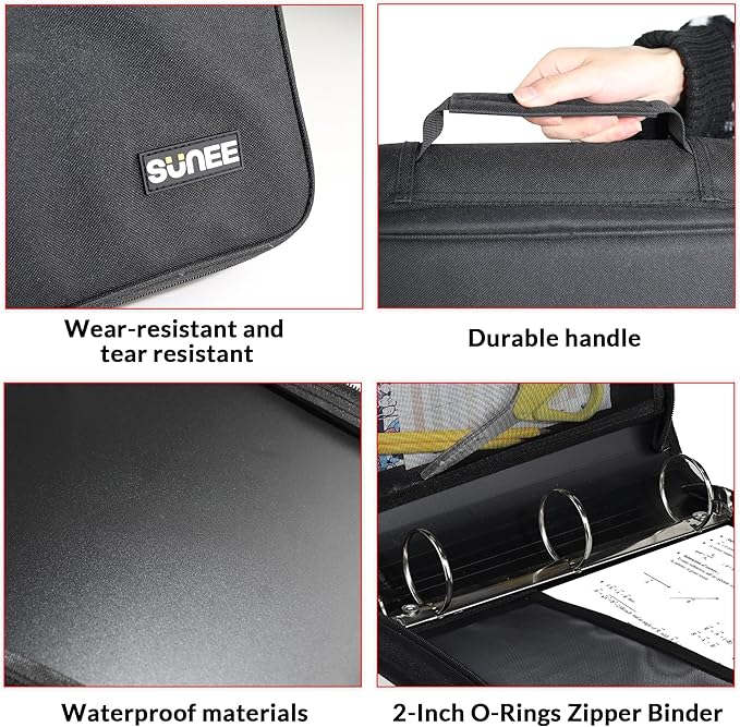 SUNEE Zippered Binder Bag with Handle, 2-Inch 3-Ring O-Ring, 500-Sheet Capacity, Includes Zip Pocket, 5-Tab Expanding File Folder, Multi-Pocket Organizer Binder Suitable for Middle School, Black