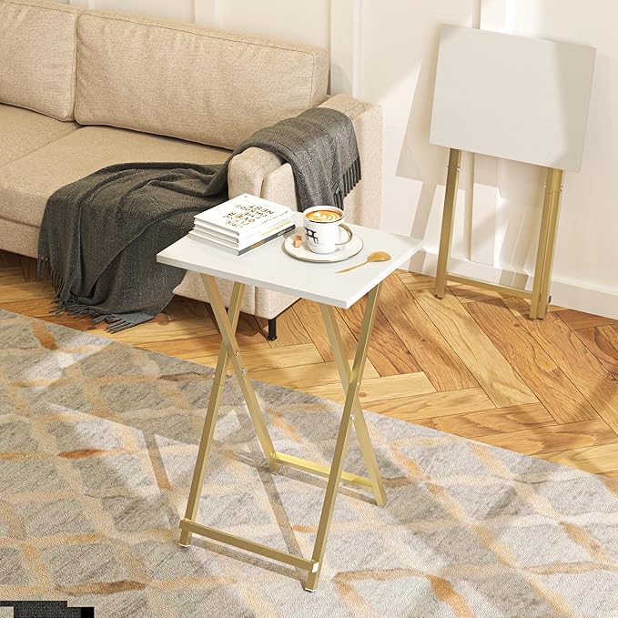 Foldable TV Trays, Small Folding Table, TV Trays Set of 2, TV Dinner Tray, Side Table for Bed, Couch, Portable Easy to Move, White & Gold