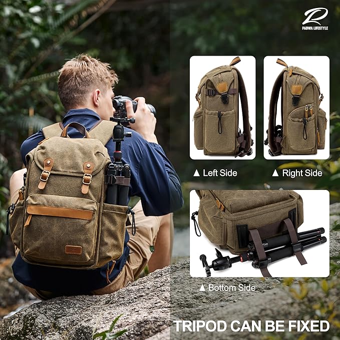 Padwa Lifestyle Khaki Camera Backpack - Professional DSLR & UAV Camera Bag,Anti Theft Canvas Camera Backpack with Rain Cover,Large Capacity Photography Travel Camera Bag with Multi Compartments