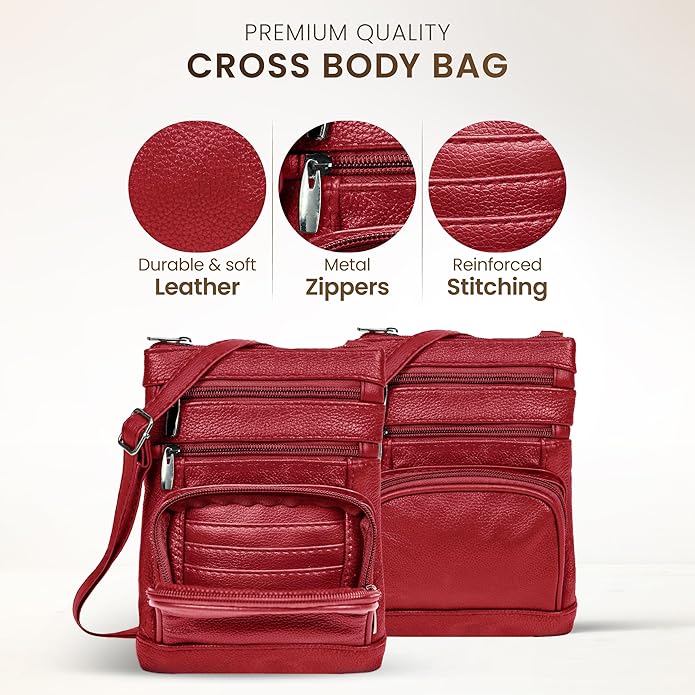 Krediz leather Crossbody Purses for Women, Multi Pocket Crossbody Purse with Adjustable Strap, Soft & Durable Leather Purse