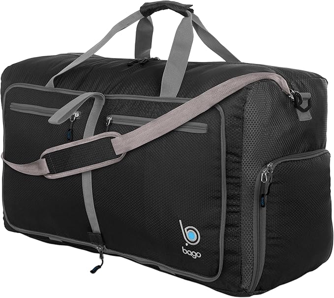 Bago Foldable Duffel Bags for Traveling Women & Men - 60L Medium Packable Duffle Bag for Travel with Shoe Compartment - Water Repellant, Heavy Duty, Lightweight Folding & Collapsible (Black)
