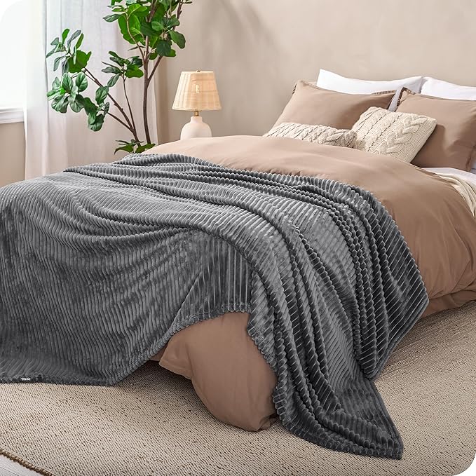 Bare Home Textured Fleece Blanket - Twin/Twin Extra Long - Ultra-Soft Lightweight for Bed, Sofa, and Couch - Luxury Microplush - Cozy Warm Blanket (Twin/Twin XL, Ribbed Grey)