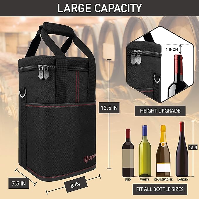Opux 4 Bottle Insulated Wine Cooler Bag - Leakproof Padded Portable Wine Bottle Carrier for Travel Picnic BYOB Gift (Black)