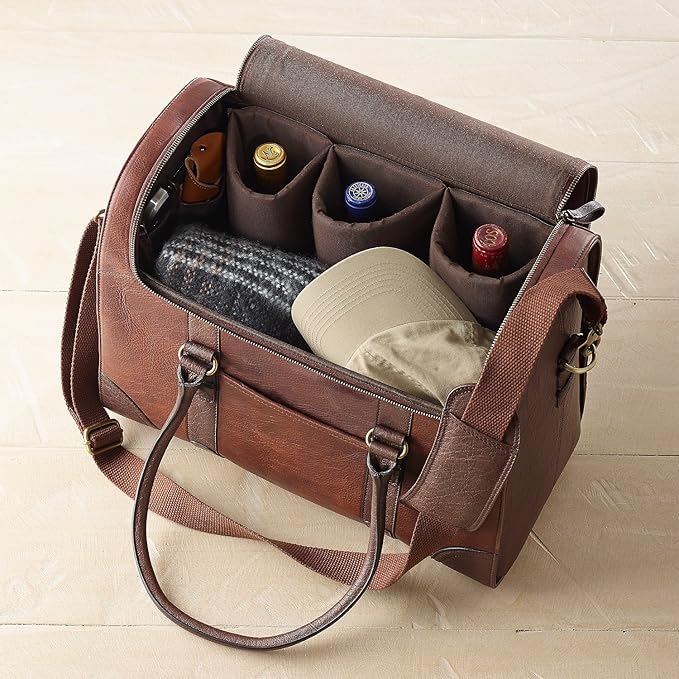 Wine Enthusiast 6-Bottle Leather Wine Tote Bag | Handcrafted Leather Wine Carrier with Dividers | Secure Buckle & Zipper Closure | Portable Wine Cooler Bag for Picnics, Travel & Parties | Wine Gifts
