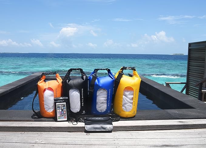 Freegrace Waterproof Dry Bags Set of 3 Dry Bag with 2 Zip Lock Seals & Detachable Shoulder Strap, Waist Pouch & Phone Case - Can Be Submerged Into Water - for Swimming (Yellow(Window), 10L)