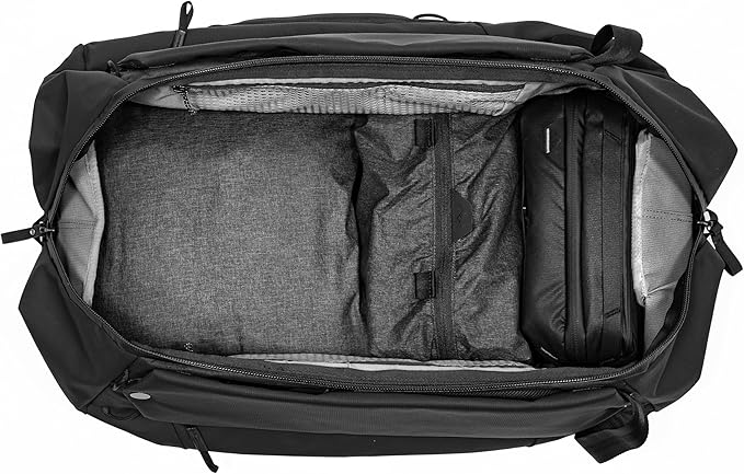 Peak Design Travel Duffelpack 45-65L, Black, Weatherproof Duffel Backpack, Expandable Design, Extra-Long Zip Path, Stowable Straps, Fits Packing Cubes and Camera Cubes, Versatile Duffel Bag for Travel