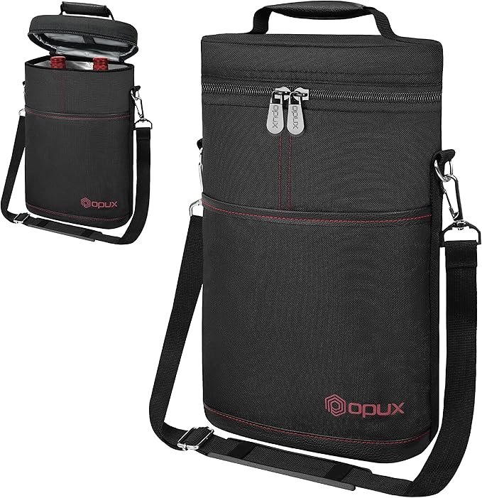 opux 2 Bottle Wine Carrier Tote, Insulated Leakproof Wine Cooler Bag, Wine Travel Bag Tote for Picnic BYOB Beach, Portable Wine Bottle Carrying Case, Gift for Wine Lover Women Men Christmas, Black