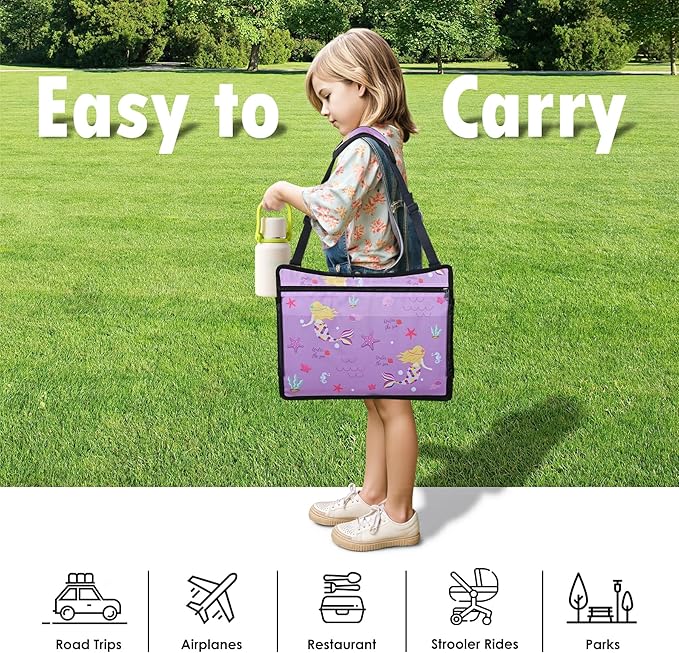 Kids Travel Tray for Airplane - Toddler Car Seat Table Tray, Road Trip Essentials for Boys & Girls, Carseat Lap Desk for Kids Road Trip Activities (Purple Mermaid)
