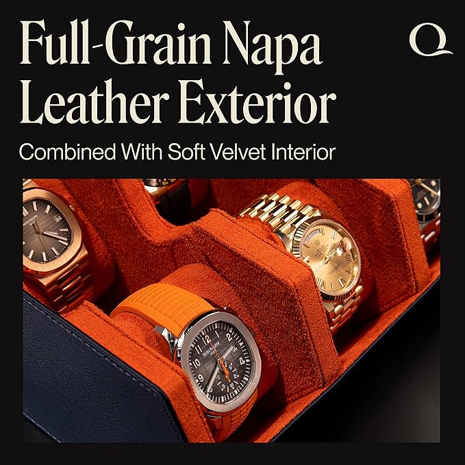 Napa Leather Watch Case for Men - Watch Roll Storage Organizer & Watch Display - Six Slot Luxury Watch Box for Home or Travel - Mens 6 Watch Holder Case (Blue Orange)