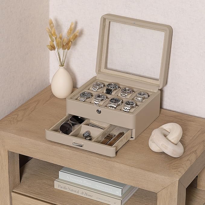 ROTHWELL 8 Slot Leather Watch Box with Valet Drawer - Luxury Case Display Jewelry Organizer, Locking Display Case Holder with Real Glass Top - Watch Box Organizer for Men & Women (Oatmeal)